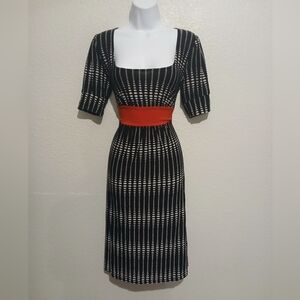 Black &  White Polka Dot Midi Dress with Red Accent Sash Tie Size 6 Square Neck